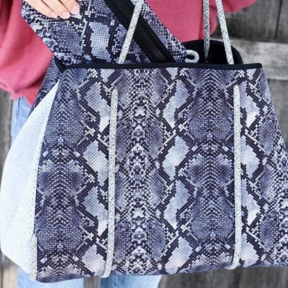 Haute Shore Black Gray Snakeskin Neoprene Washable handbag with Wallet